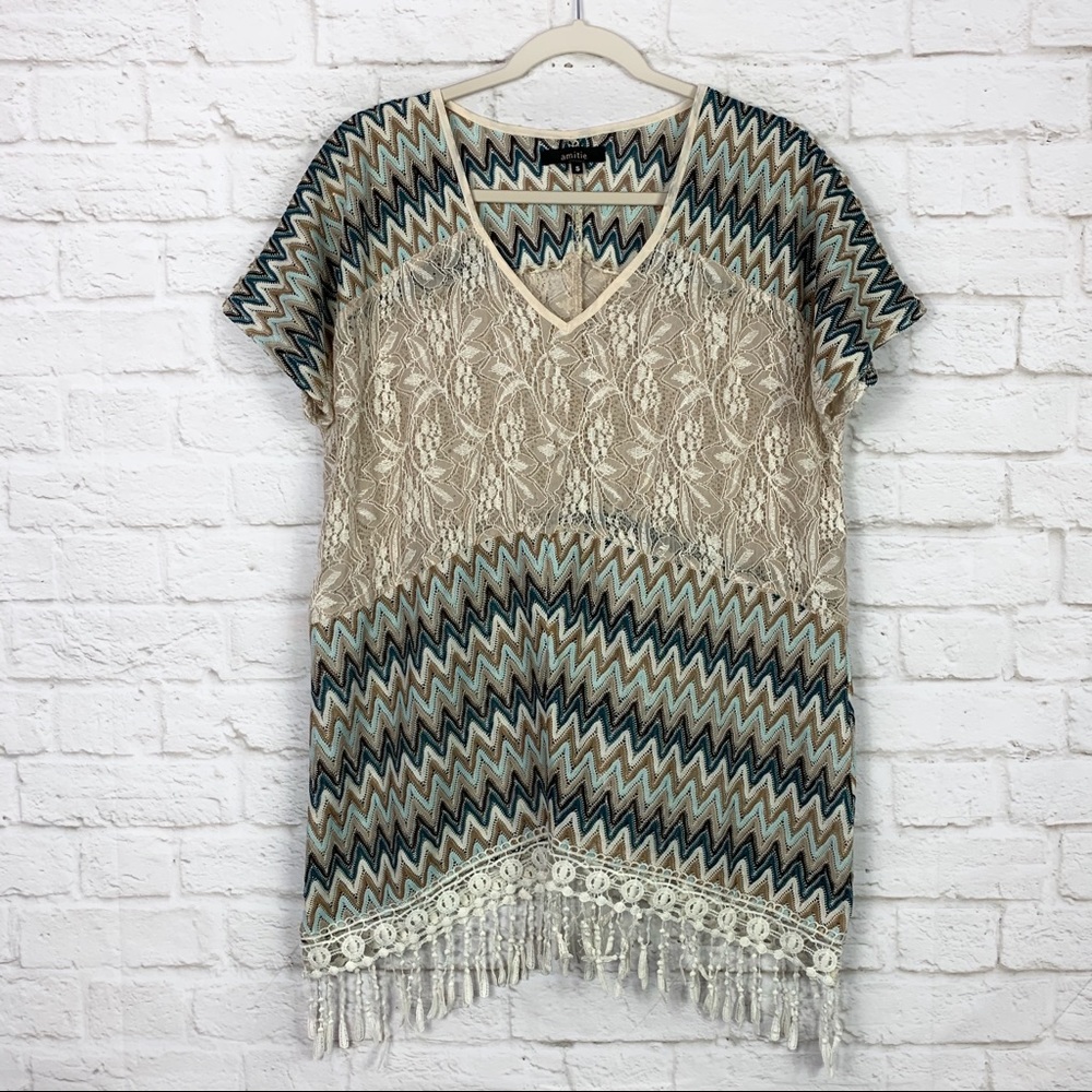 Amitie Chevron Crochet Boho Oversized Tunic Top S